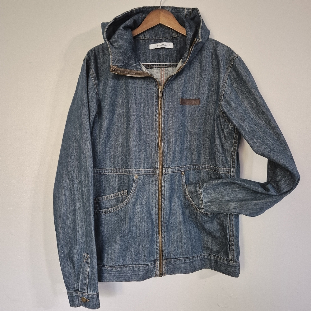 Makia Mens Barn Denim Hooded Chore Stadium Jacket Full Zip Large